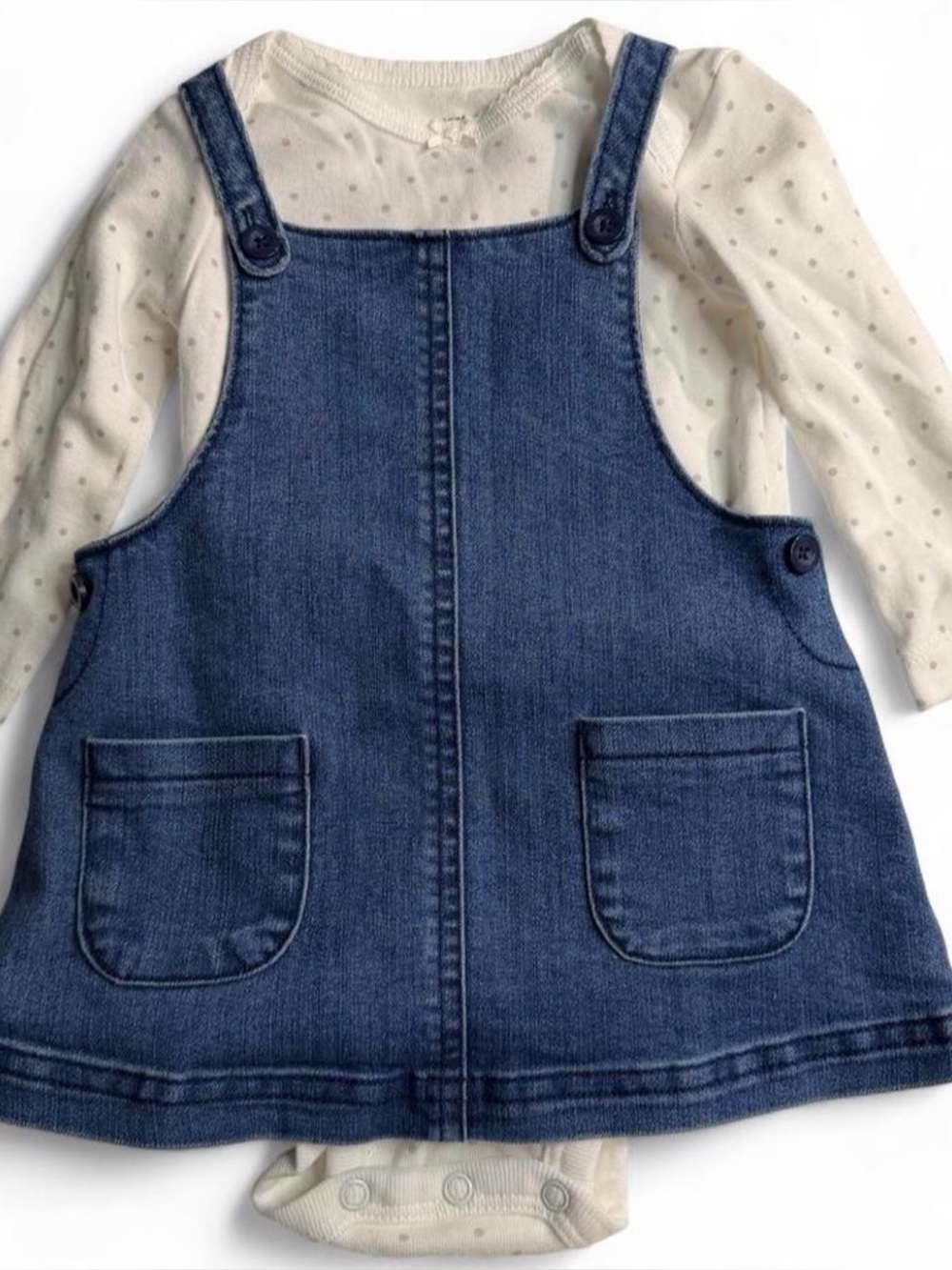 (95–2) Carter's Denim Overall Jumper Dress & Polka Dot Bodysuit 2-Piece Set 6M